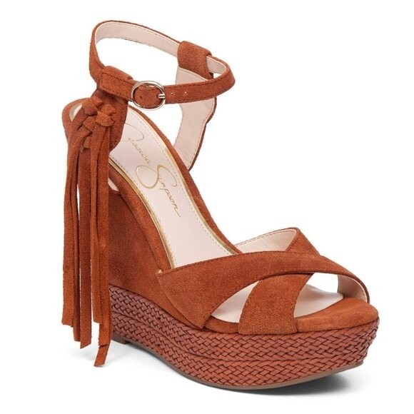 Jessica Simpson Suede Platform Wedge Sandals Tassel Ankle Strap Heels size 10 - Picture 2 of 12